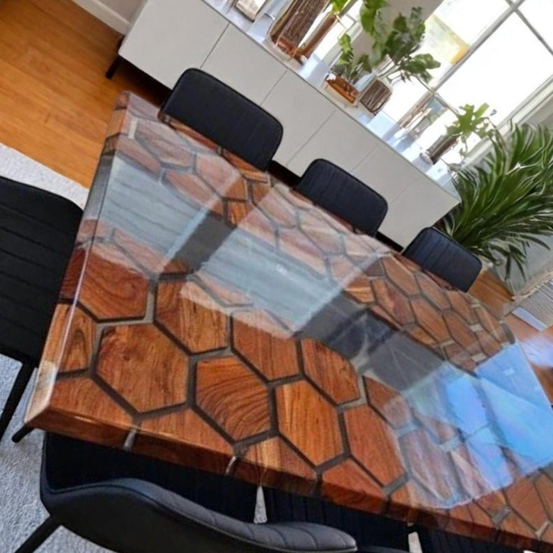 Clear Honeycomb Epoxy Table, Hexagon Wooden Table, Dining Table Top
