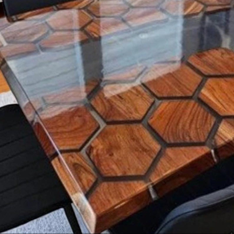 Clear Honeycomb Epoxy Table, Hexagon Wooden Table, Dining Table Top