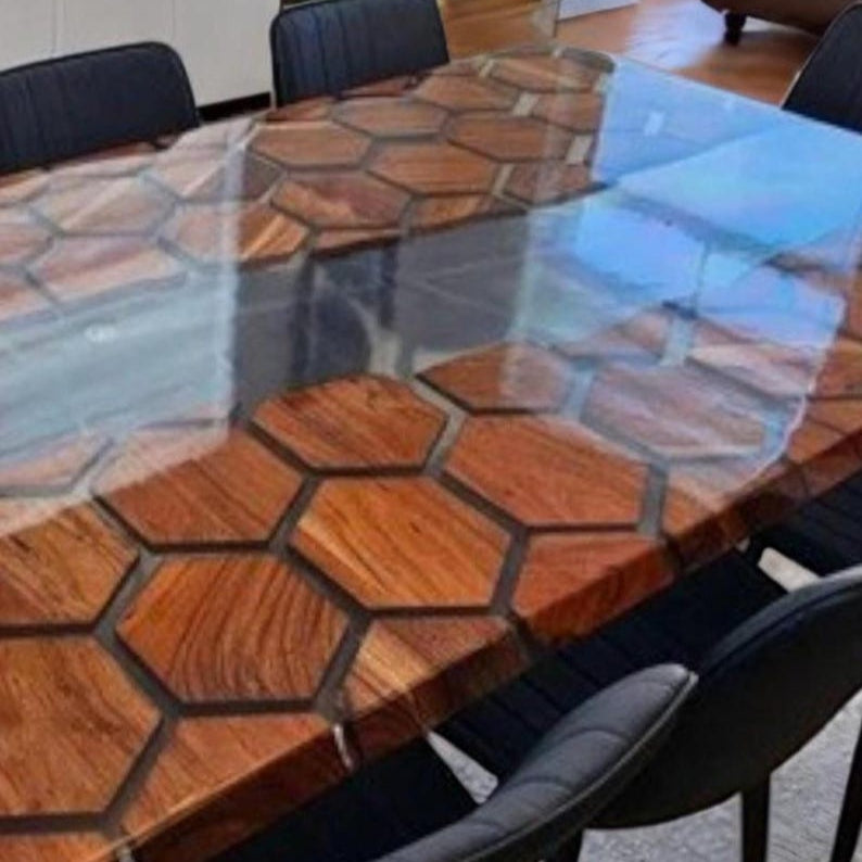 Clear Honeycomb Epoxy Table, Hexagon Wooden Table, Dining Table Top