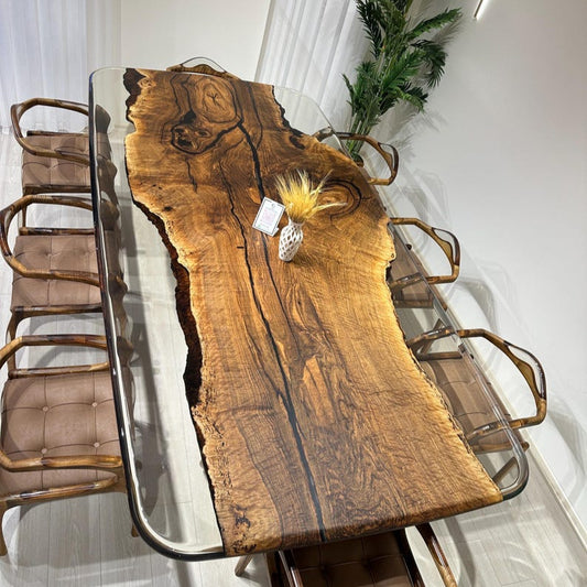 Walnut Office Desk, Clear Epoxy Meeting Table,Unique Natural Edge Table