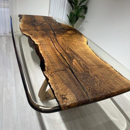 Walnut Office Desk, Clear Epoxy Meeting Table,Unique Natural Edge Table