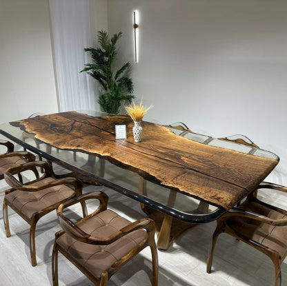Walnut Office Desk, Clear Epoxy Meeting Table,Unique Natural Edge Table