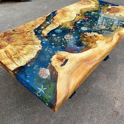 Custom Poplar Wood River Blue Green Tropical Design Aquarium Epoxy Dining Table