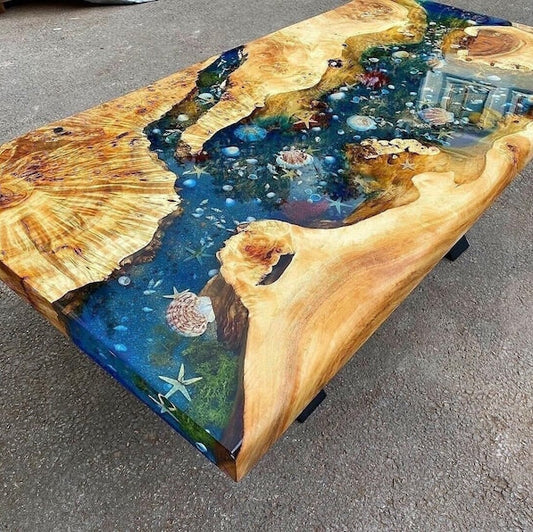 Custom Poplar Wood River Blue Green Tropical Design Aquarium Epoxy Dining Table