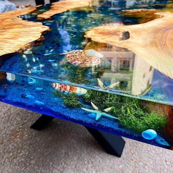 Custom Poplar Wood River Blue Green Tropical Design Aquarium Epoxy Dining Table