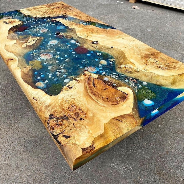 Custom Poplar Wood River Blue Green Tropical Design Aquarium Epoxy Dining Table