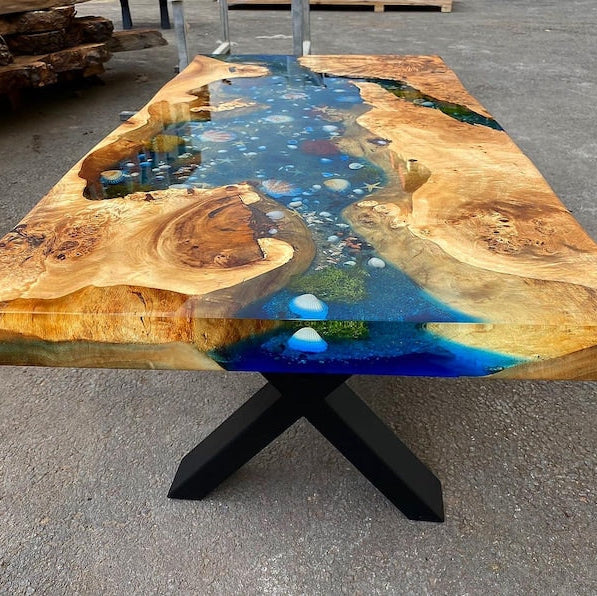 Custom Poplar Wood River Blue Green Tropical Design Aquarium Epoxy Dining Table