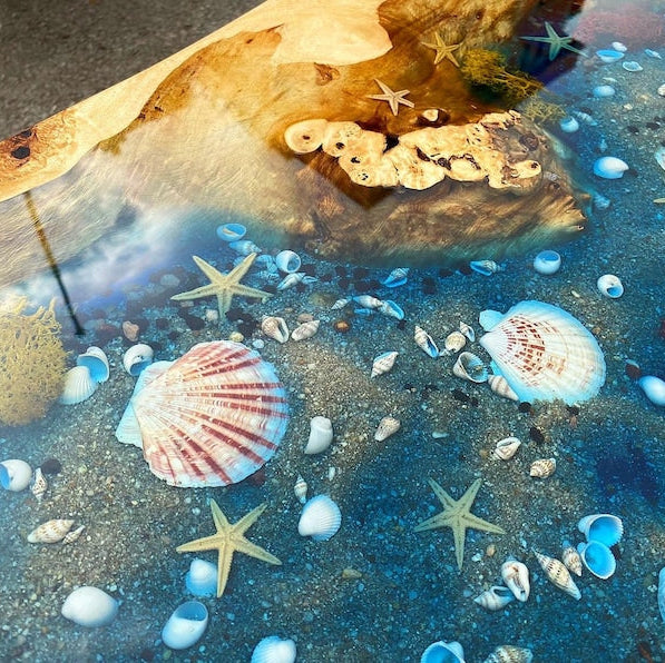 Custom Poplar Wood River Blue Green Tropical Design Aquarium Epoxy Dining Table