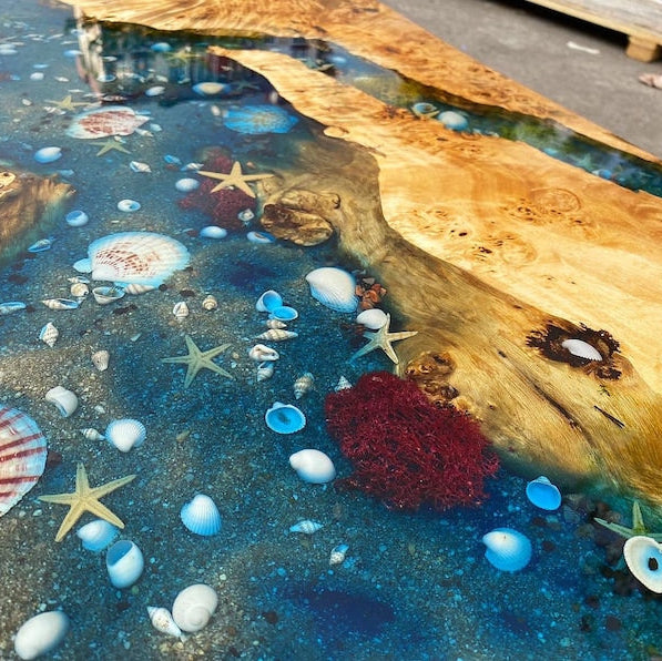 Custom Poplar Wood River Blue Green Tropical Design Aquarium Epoxy Dining Table