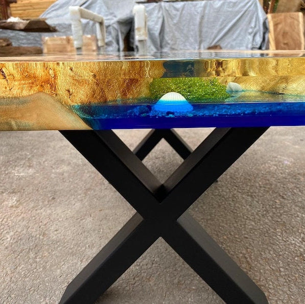 Custom Poplar Wood River Blue Green Tropical Design Aquarium Epoxy Dining Table