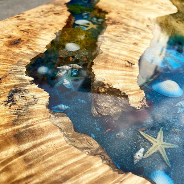 Custom Poplar Wood River Blue Green Tropical Design Aquarium Epoxy Dining Table