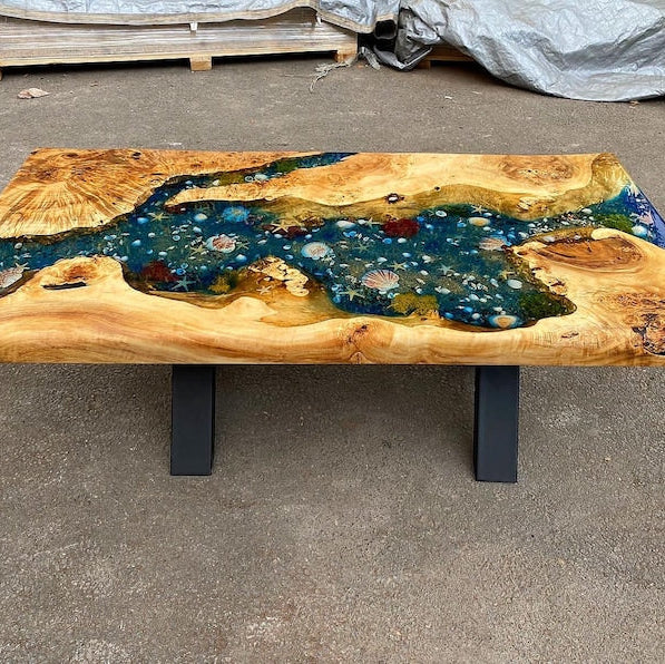 Custom Poplar Wood River Blue Green Tropical Design Aquarium Epoxy Dining Table