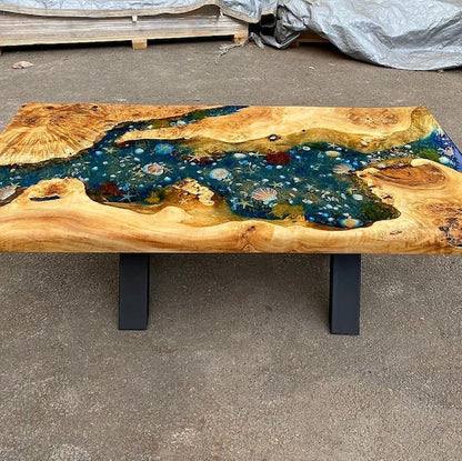 Custom Poplar Wood River Blue Green Tropical Design Aquarium Epoxy Dining Table