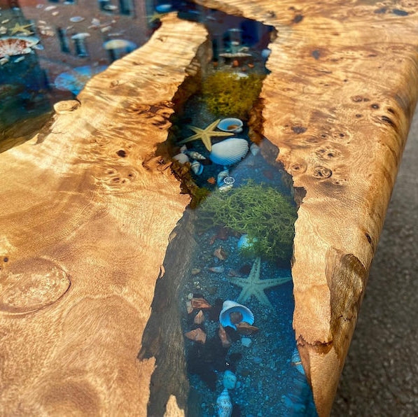 Custom Poplar Wood River Blue Green Tropical Design Aquarium Epoxy Dining Table