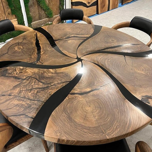 Custom Made Dark Walnut Wood Black Epoxy Round Dining Table - Dining Room Table
