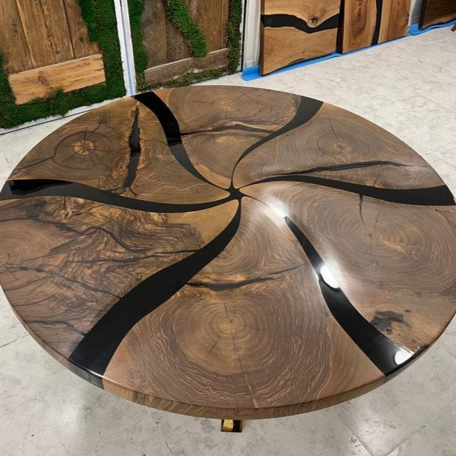 Custom Made Dark Walnut Wood Black Epoxy Round Dining Table - Dining Room Table