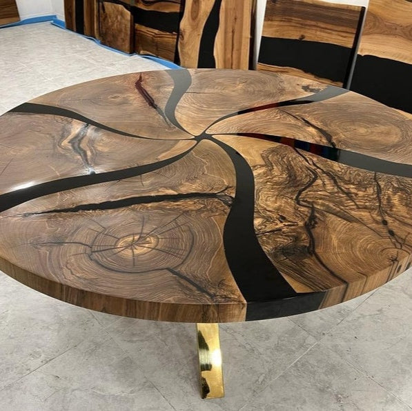 Custom Made Dark Walnut Wood Black Epoxy Round Dining Table - Dining Room Table