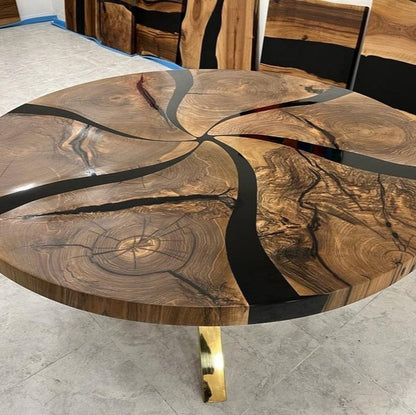 Custom Made Dark Walnut Wood Black Epoxy Round Dining Table - Dining Room Table
