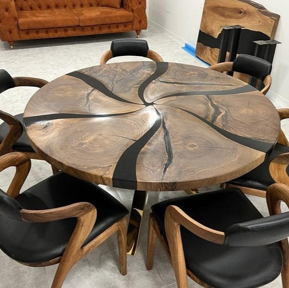 Custom Made Dark Walnut Wood Black Epoxy Round Dining Table - Dining Room Table