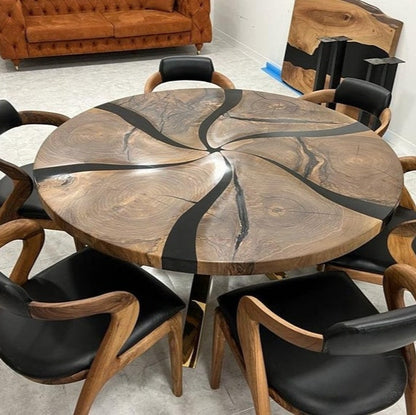 Custom Made Dark Walnut Wood Black Epoxy Round Dining Table - Dining Room Table