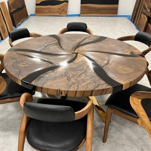 Custom Made Dark Walnut Wood Black Epoxy Round Dining Table - Dining Room Table