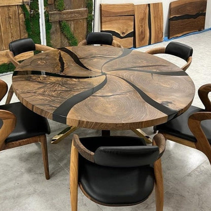 Custom Made Dark Walnut Wood Black Epoxy Round Dining Table - Dining Room Table