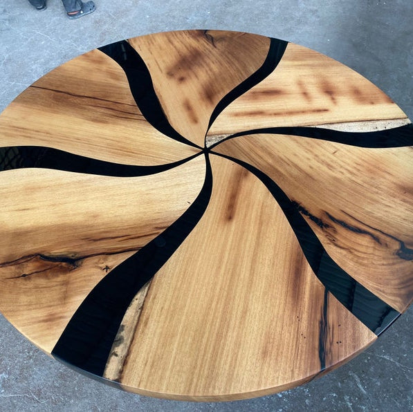 Custom Made Dark Walnut Wood Black Epoxy Round Dining Table - Dining Room Table