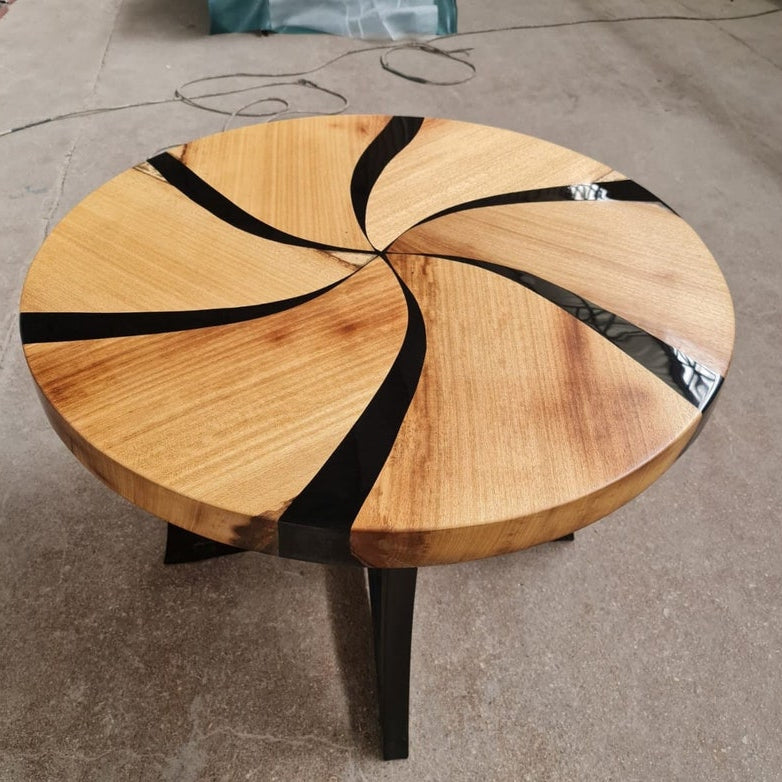Custom Made Dark Walnut Wood Black Epoxy Round Dining Table - Dining Room Table