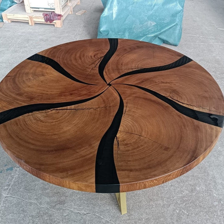 Custom Made Dark Walnut Wood Black Epoxy Round Dining Table - Dining Room Table