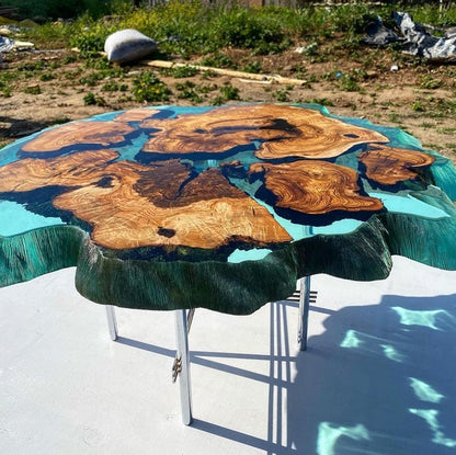 Olive Teal Color Green Clear Round Diameter Epoxy Resin Table-River Table