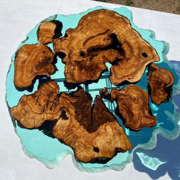 Olive Teal Color Green Clear Round Diameter Epoxy Resin Table-River Table