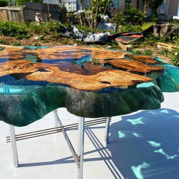 Olive Teal Color Green Clear Round Diameter Epoxy Resin Table-River Table