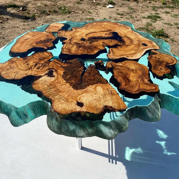 Olive Teal Color Green Clear Round Diameter Epoxy Resin Table-River Table